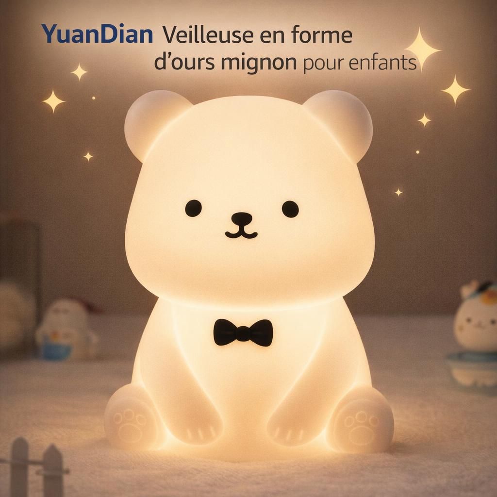 YuanDian Veilleuse en forme d'ours mignon pour enfants, décorez la chambre enfant avec veilleuse en silicone avec 8 lumières de couleur, cadeau de Noël et d'anniversaire