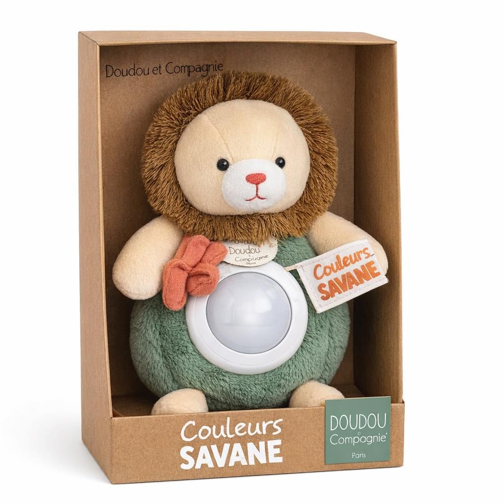 Doudou et Compagnie - Couleurs Savane - Veilleuse Peluche Lion 15 cm - Lumière Apaisante pour Bébé Dès la Naissance - Boîte Cadeau Kraft - Garantie Doudou Perdu - Idée Cadeau Naissance - DC4070
