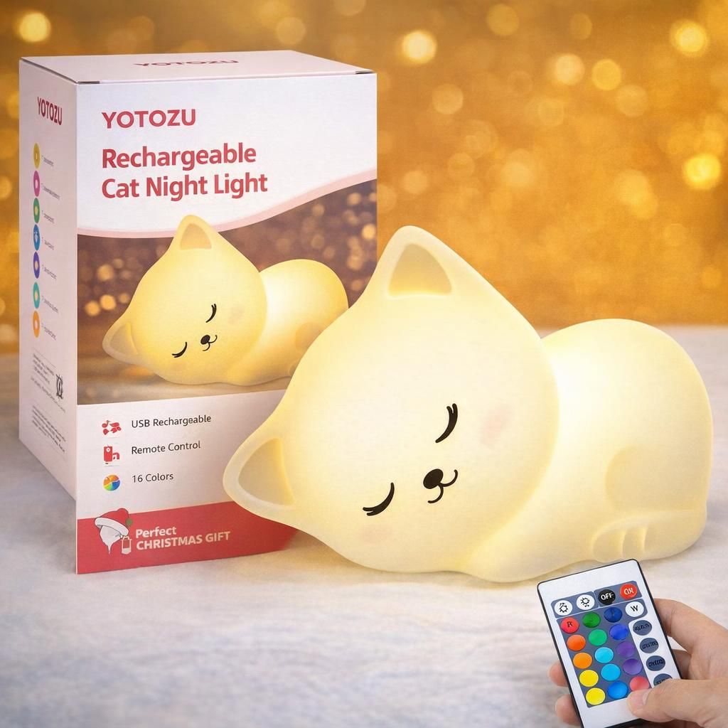 YOTOZU Veilleuse Chat Rechargeable Par Usb Avec Capteur Tactile Et Télécommande 4 Modes 16 Couleurs Pour Filles, Enfants, Tout-petits, Bébés Et Enfants Cadeaux De Noël(Télécommande)