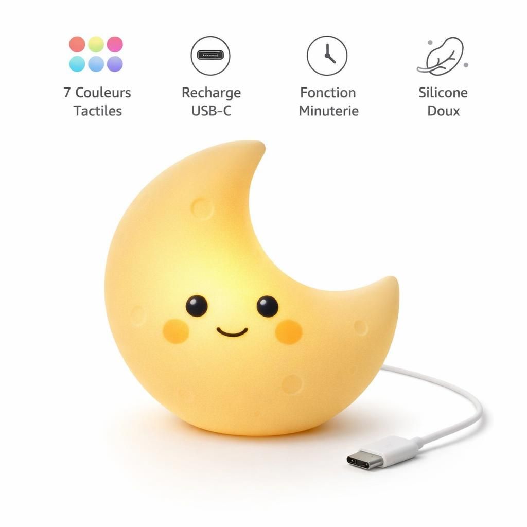 Veilleuse Bébé Avec 7 Couleurs Tactiles, Recharge USB-C, Fonction Minuterie, Silicone Doux, Lampe De Chevet Pour Chambre D’Enfant Cadeau Réconfort Nuit, Luna