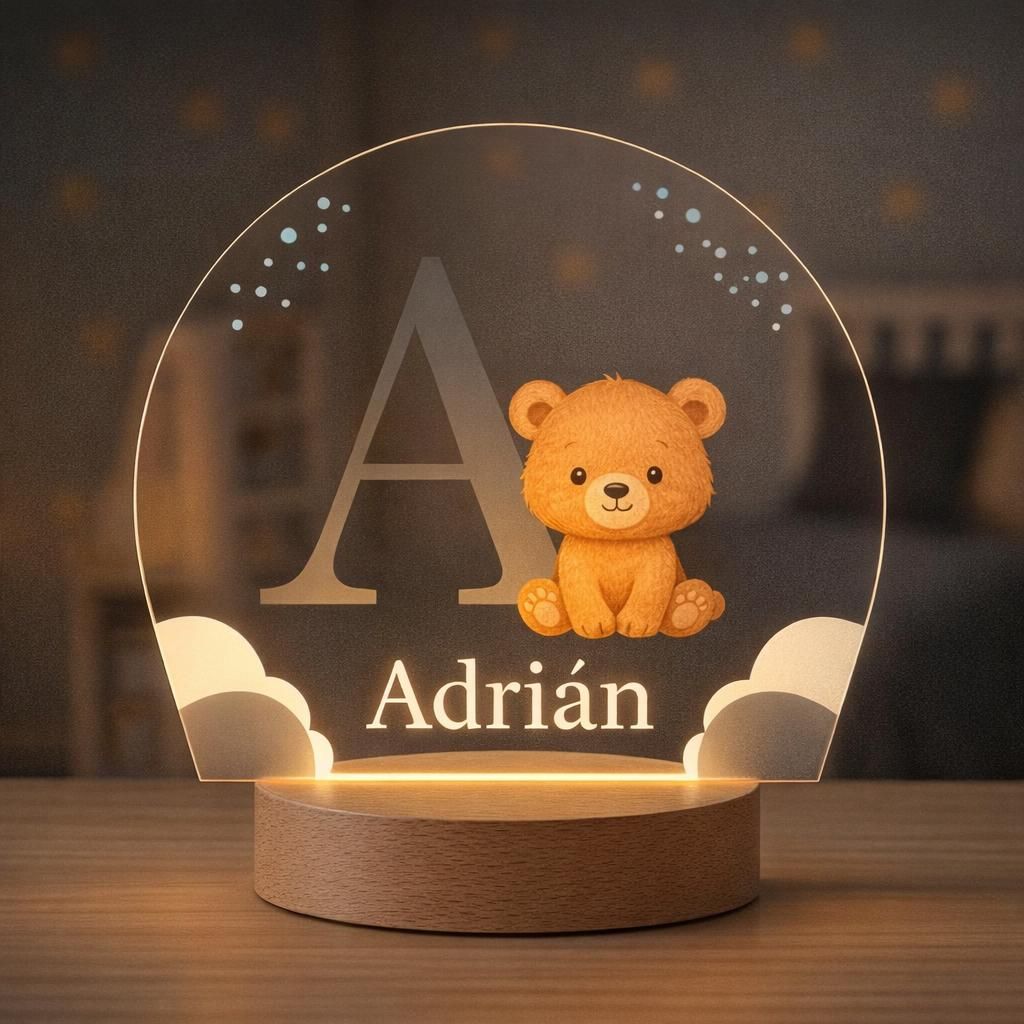 Lampe Enfant Personnalisée avec Prénom et Initiale – Veilleuse LED – Cadeau Original pour Bébé, Baptême ou Anniversaire (Ours)