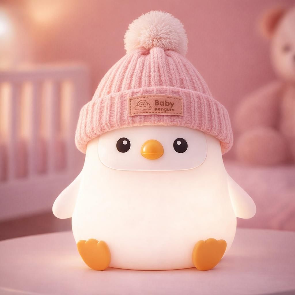 Veilleuse en silicone en forme de pingouin mignon rose avec chapeau tricoté, veilleuse douce pour chambre d'enfant, rechargeable par USB/intensité variable, lampe de chevet LED fantaisie