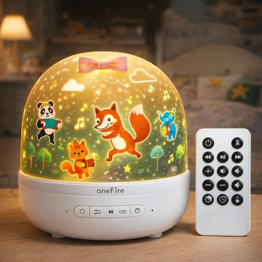 One Fire Veilleuse Enfant, 10 Musique Veilleuse Bébé Musicale et Lumineuse, 360° Rotation 15 Films Projecteur Ciel Etoile,Télécommande Rechargeable Lampe de chevet Sans Fil,Enfant Bebe Cadeau Noel
