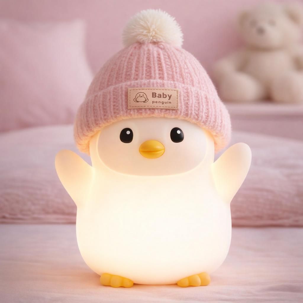 Veilleuse Bébé et Veilleuse Enfant en Silicone - Mignon Pingouin Rose avec Chapeau Tricoté, Lampe Douce pour Chambre, Rechargeable, Intensité Variable, Lumière Apaisante LED