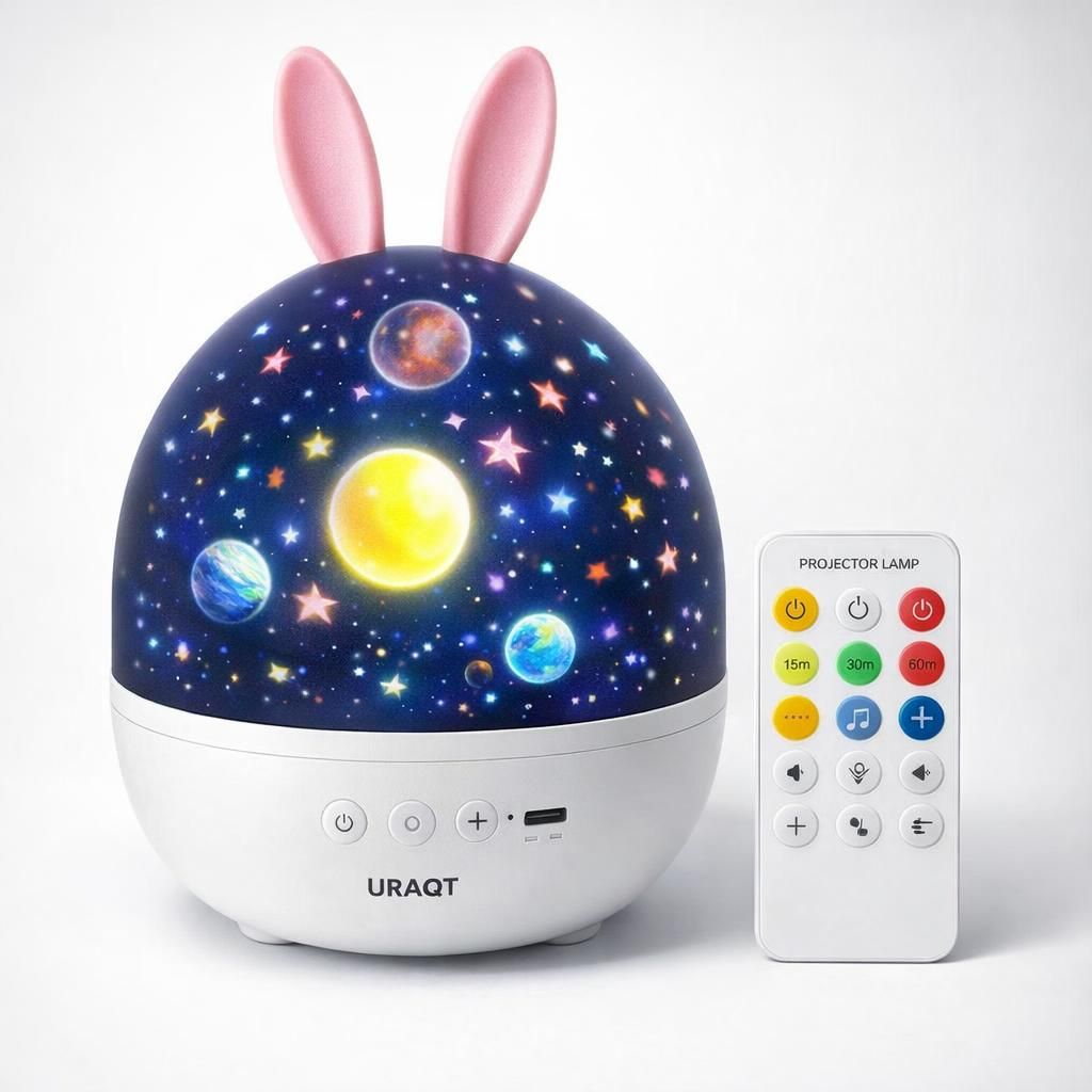 URAQT Veilleuse Enfant Lampe Etoile Projecteur, Veilleuse Bébé, Lampe Etoile Projecteur Veilleuse Enfant, 360°Rotation Telecommandé et Minuterie, Rechargeable Lampe Veilleuse musicale et lumineuse