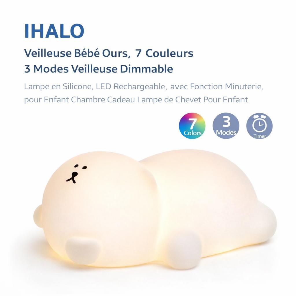 IHALO Veilleuse Bébé Ours, 7 Couleurs 3 Modes Veilleuse Dimmable, Lampe en Silicone, Led Rechargeable, avec Fonction Minuterie, pour Enfant Chambre Cadeau Lampe de Chevet Pour Enfant
