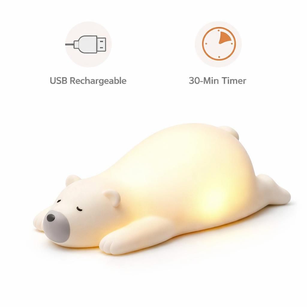 Veilleuse LED pour enfant - Ours couché plat - 3 modes d'éclairage - Lampe de chevet pour bébé - Chargement USB - Avec minuterie de 30 minutes et commande tactile - Décoration de chambre d'enfant