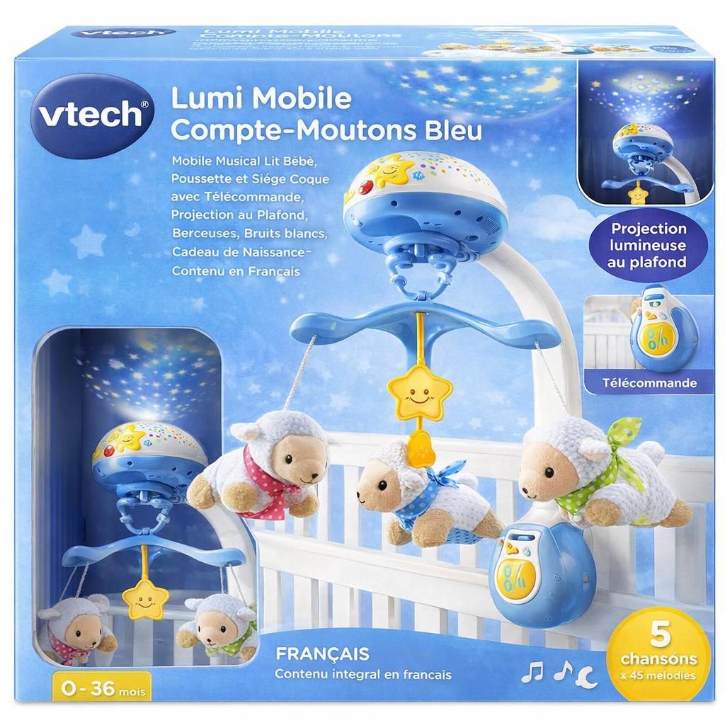 VTech - Lumi Mobile Compte-Moutons Bleu, Mobile Musical Lit Bébé, Poussette et Siège Coque avec Télécommande, Projection au Plafond, Berceuses, Bruits Blancs, Cadeau de Naissance - Contenu en Français