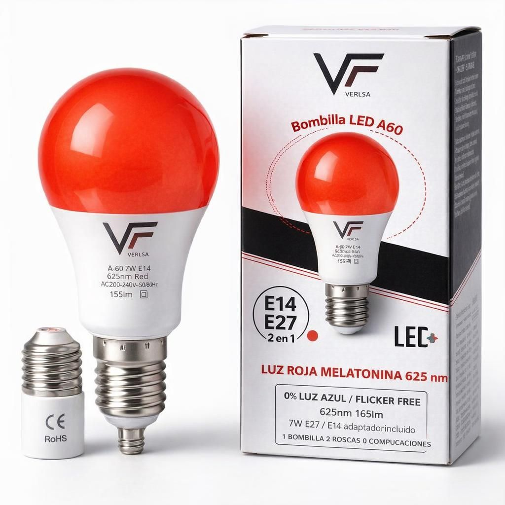 Ampoule LED Veilleuse, Mélatonine Rouge 625 nm, Culot E27+E14-2 en 1 - Adaptateur inclus - Ampoule thérapeutique rouge 7 W pour le sommeil - 0% de lumière bleue - Flicker-Free - Relaxante et
