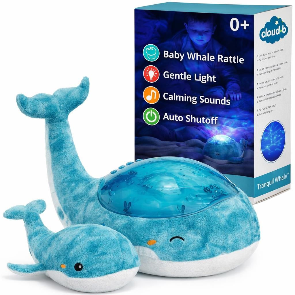 Cloud b veilleuse tortue baleine avec sons marins et projections vagues | lumière réglable, volume, arrêt auto 23 min | peluche douce + hochet baleine pour apaiser bébé et enfant | Tranquil Whale Bleu