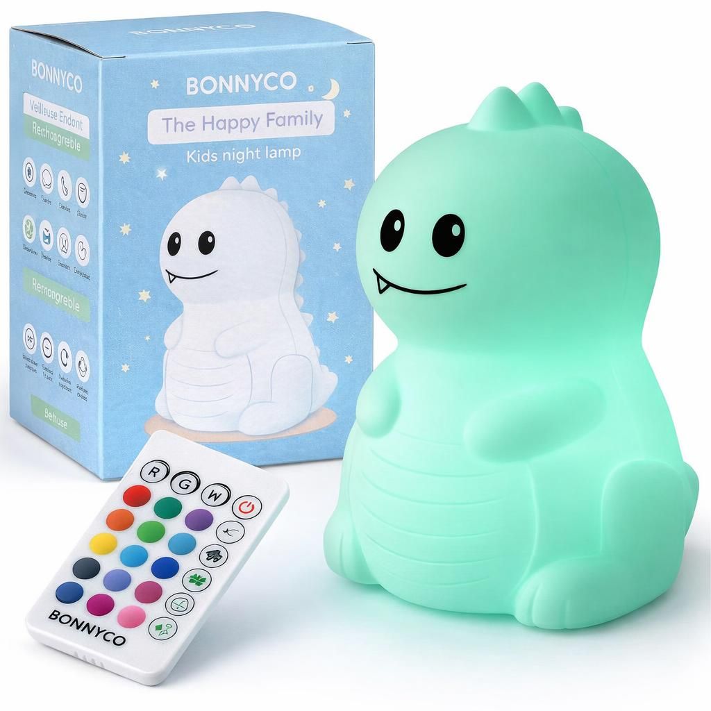 BONNYCO Veilleuse Enfant avec Télécommande, Contrôle Tactile 16 Couleurs. Dinosaure Veilleuse Bébé avec Minuterie, Lampe Enfant Led Sans BPA. Lampe de Chevet Garcon Rechargeable, Cadeau Bebe Garçon