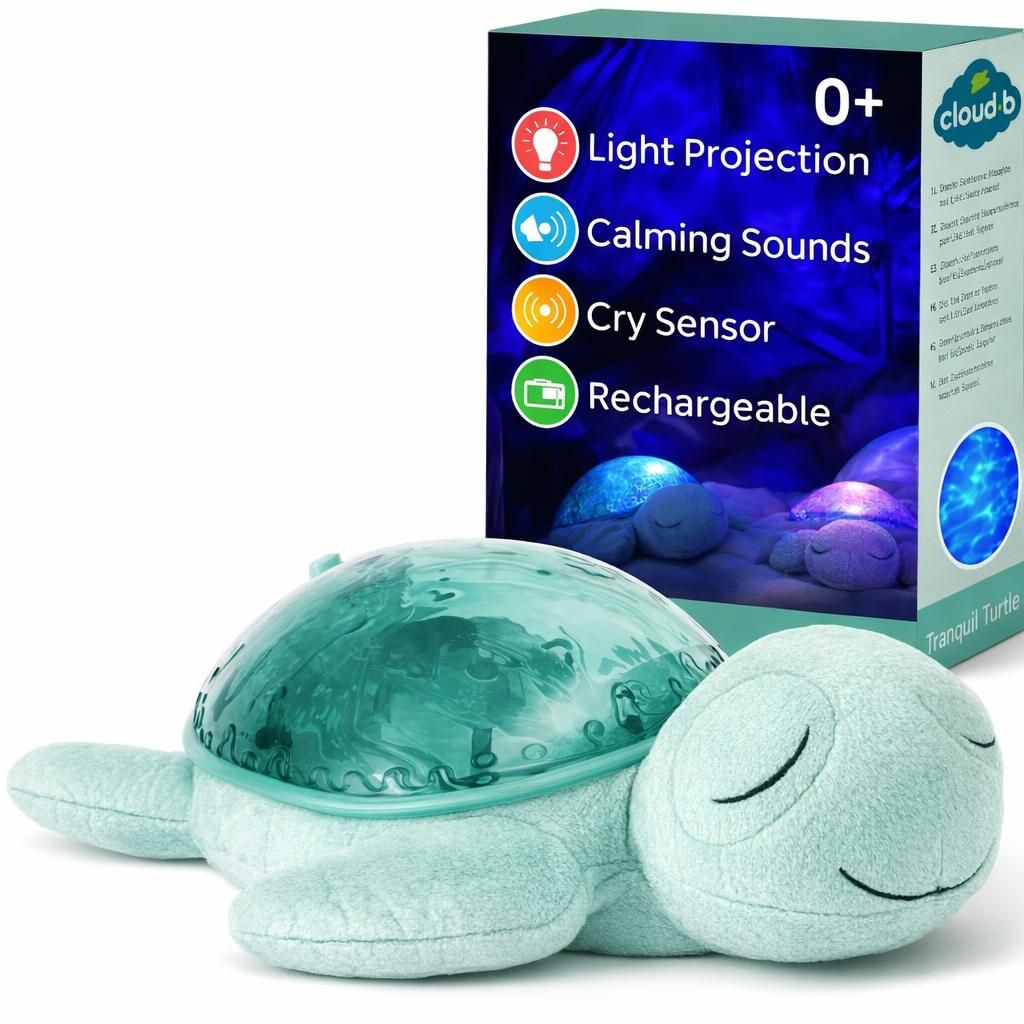 Cloud b Veilleuse projecteur océan avec 2 bruits blancs et 2 sons apaisants | Réglages réglables et arrêt automatique | Capteur de cri | Tissu recyclé | Tortue tranquille – Vert (rechargeable)