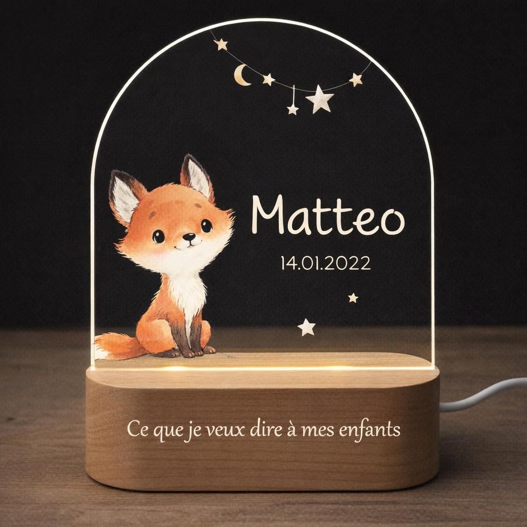 Veilleuse Bébé Personnalisé,Lampe de Chevet LED Bébé Personnalisée,Cadeau Naissance Personnalisé avec Nom en Date,pour Enfant,Nouveau-né,Garçon,Fille,Cadeau de Anniversaire Noël Baptême (renard_26)