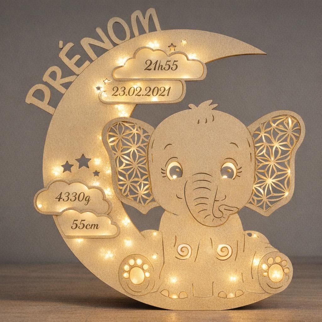 Veilleuse LED pour bébé Elephant sur Lune, Nom personnalisable, Cadeau de baptême pour garçon et fille, Classe d'énergie A++