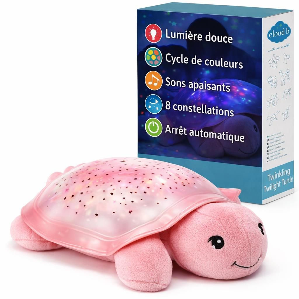 Cloud b Veilleuse Apaisante Projecteur d'étoiles avec sons apaisants | Luminosité douce | 3 couleurs | Arrêt automatique | Veilleuse musicale Tortue Twinkling Twilight Turtle Rose