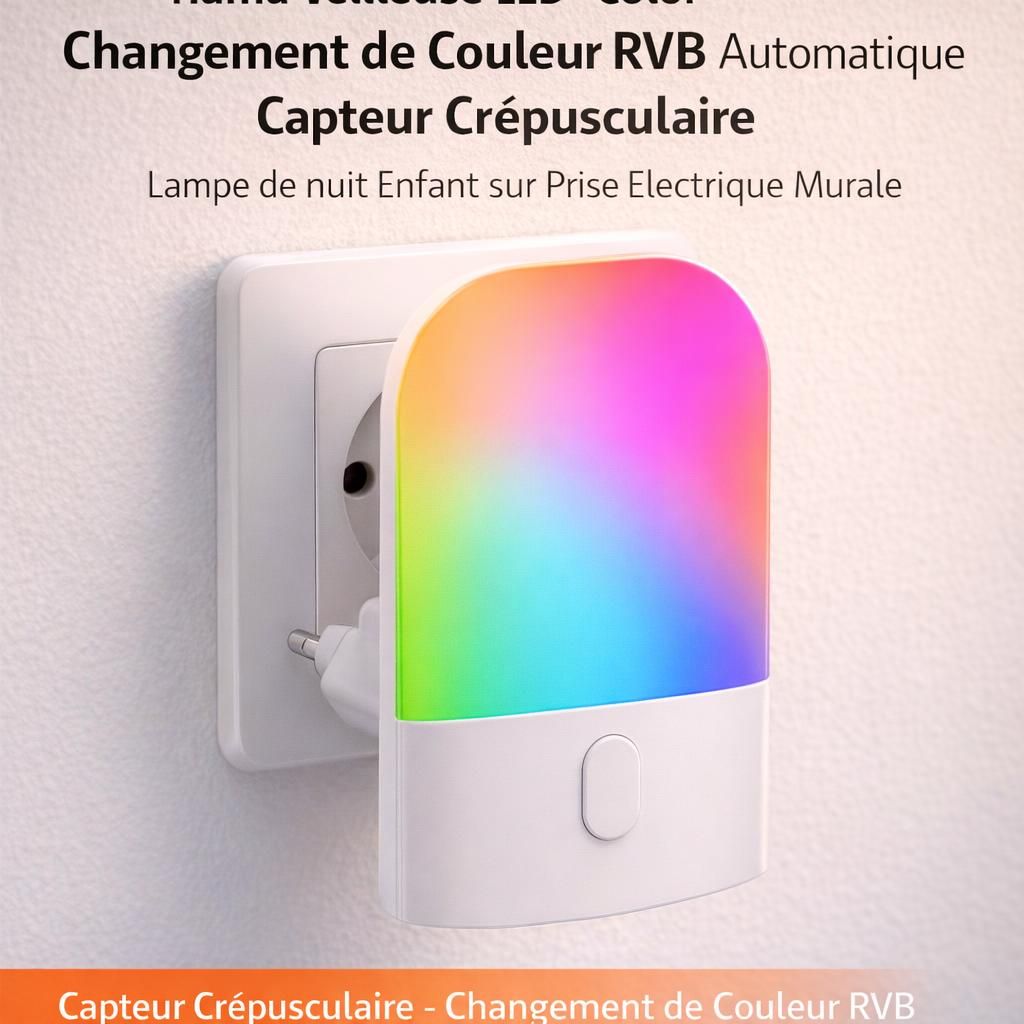 Hama Veilleuse LED 'Color' Changement de Couleur RVB Automatique – Capteur Crépusculaire, Lampe de nuit Enfant sur Prise Electrique Murale, Capteur Crépusculaire, idéal chambre d'enfant, Salon