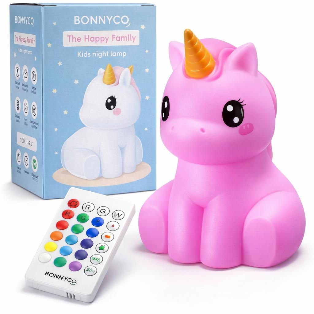 BONNYCO Veilleuse Enfant avec Télécommande, Contrôle Tactile 16 Couleurs. Licorne Veilleuse Bébé avec Minuterie, Lampe Enfant Led Sans BPA. Lampe de Chevet Fille Rechargeable, Cadeau Bebe Fille