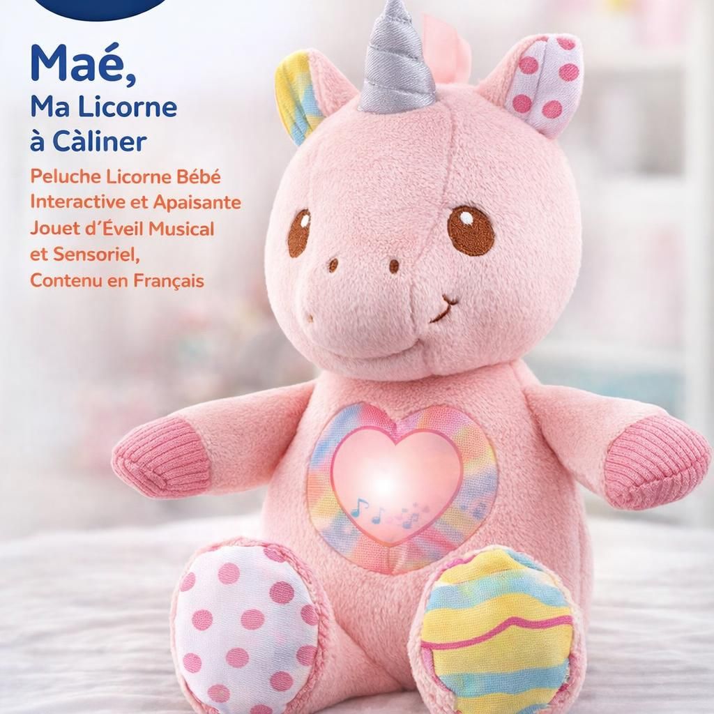 VTech - Maé, Ma Licorne à Câliner, Peluche Licorne Bébé Interactive et Apaisante, Jouet d'Éveil Musical et Sensoriel, Cadeau de Naissance Bébé - Contenu en Français