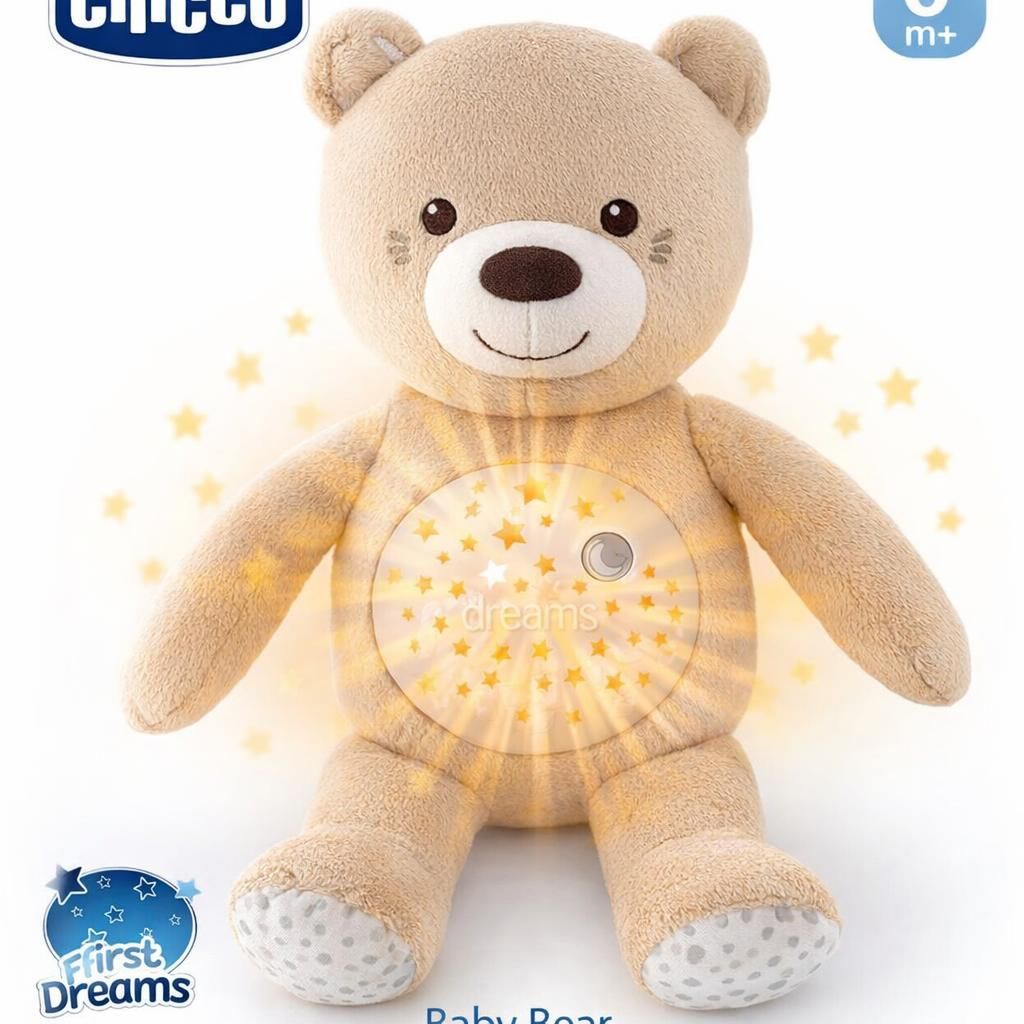 Chicco First Dreams Ours en peluche Baby Bear, peluche douce avec projecteur et veilleuse pour enfants, effets lumineux et mélodies relaxantes, Jouets pour bébés 0 mois +