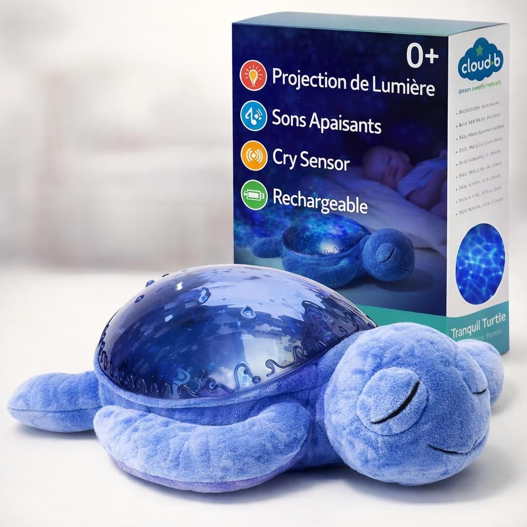 Cloud b Veilleuse bébé projecteur océan | 2 bruits blancs + 2 sons apaisants | Lumière réglable + arrêt auto | Tissu recyclé | Tranquil Turtle Ocean (rechargeable)