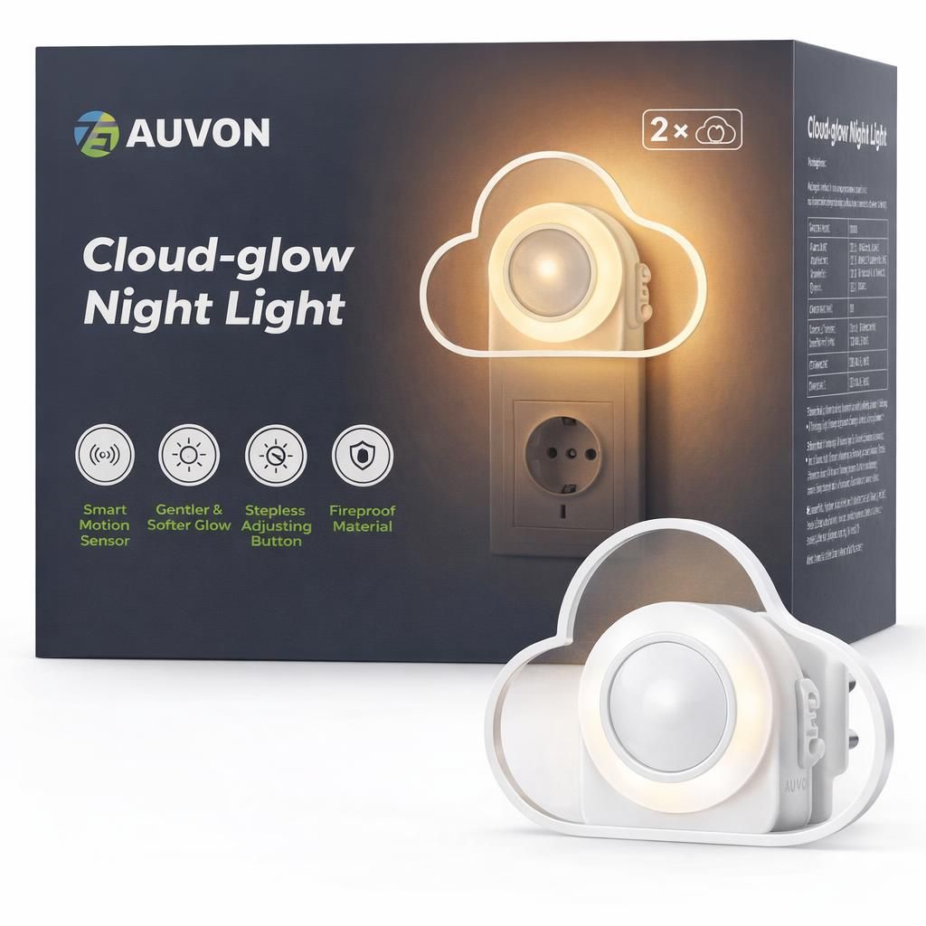 AUVON nuage veilleuse bébé, veilleuse enfant prise electrique avec detecteur de mouvement, Pack de 2 Lumière blanche chaude LED réglable de 1 à 50 lm pour enfant, chambre à coucher, couloir, cuisine
