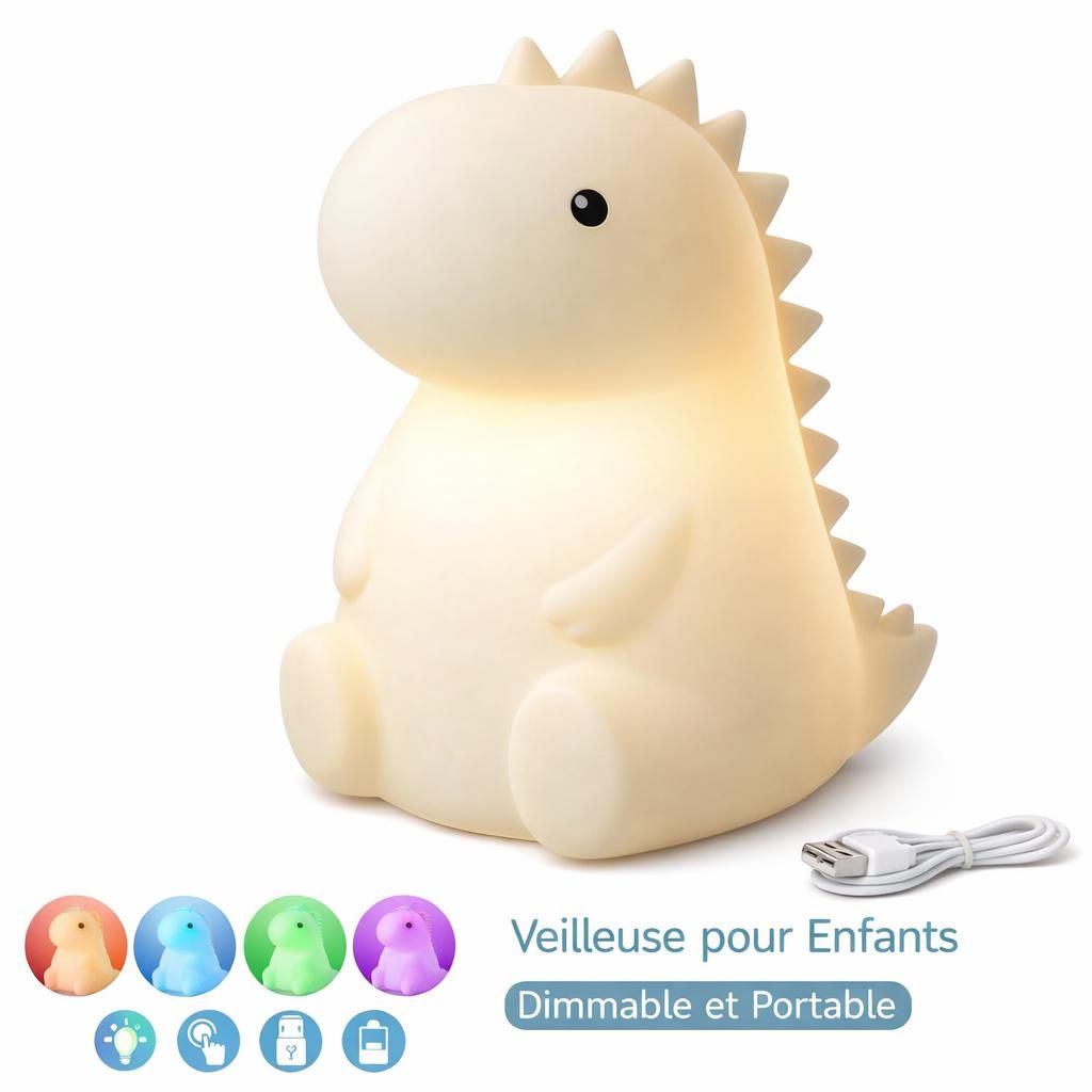 Dinosaures Veilleuse pour Enfants, Lampe en Silicone avec Lumière Chaude Dimmable Progressive & Lumière de 7 Couleurs, Rechargeable USB Tactile, Veilleuse Portable Pour Enfant