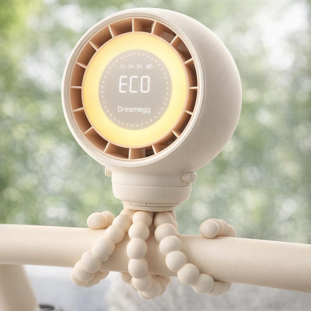 Dreamegg Ventilateur Portable pour Poussette Bebe, Affichage LED Intelligent, Ventilateur à Pince Détachable à 360°, 4 Vitesses de Vent, 2 Veilleuses, Sans Fil USB-C Rechargeable 4000mAh