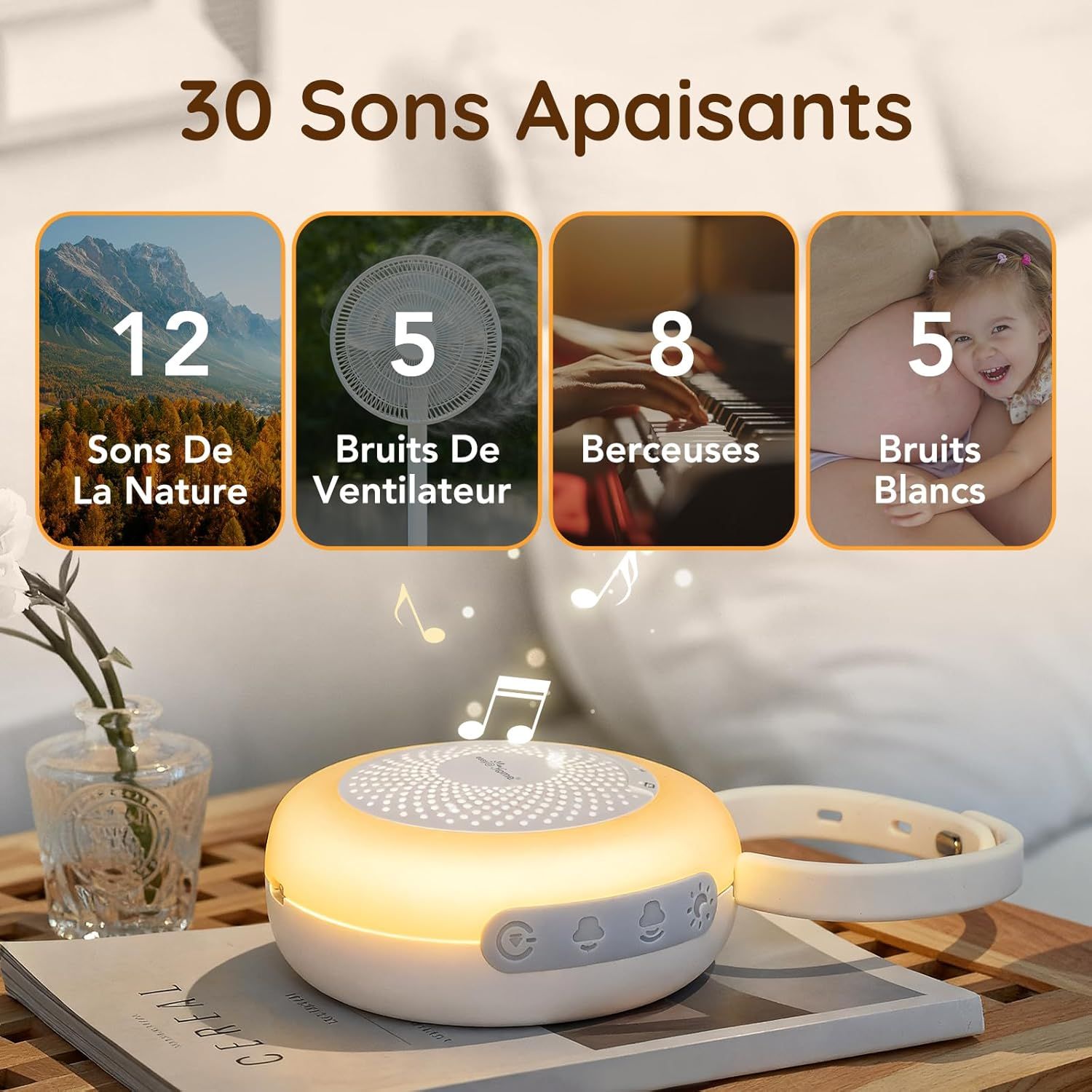 Easy@Home Machine à bruit blanc portable avec 30 sons relaxants, minuterie automatique et lumière de nuit | Idéal pour les bébés et les adultes, générateur de bruit blanc pour dormir et se détendre