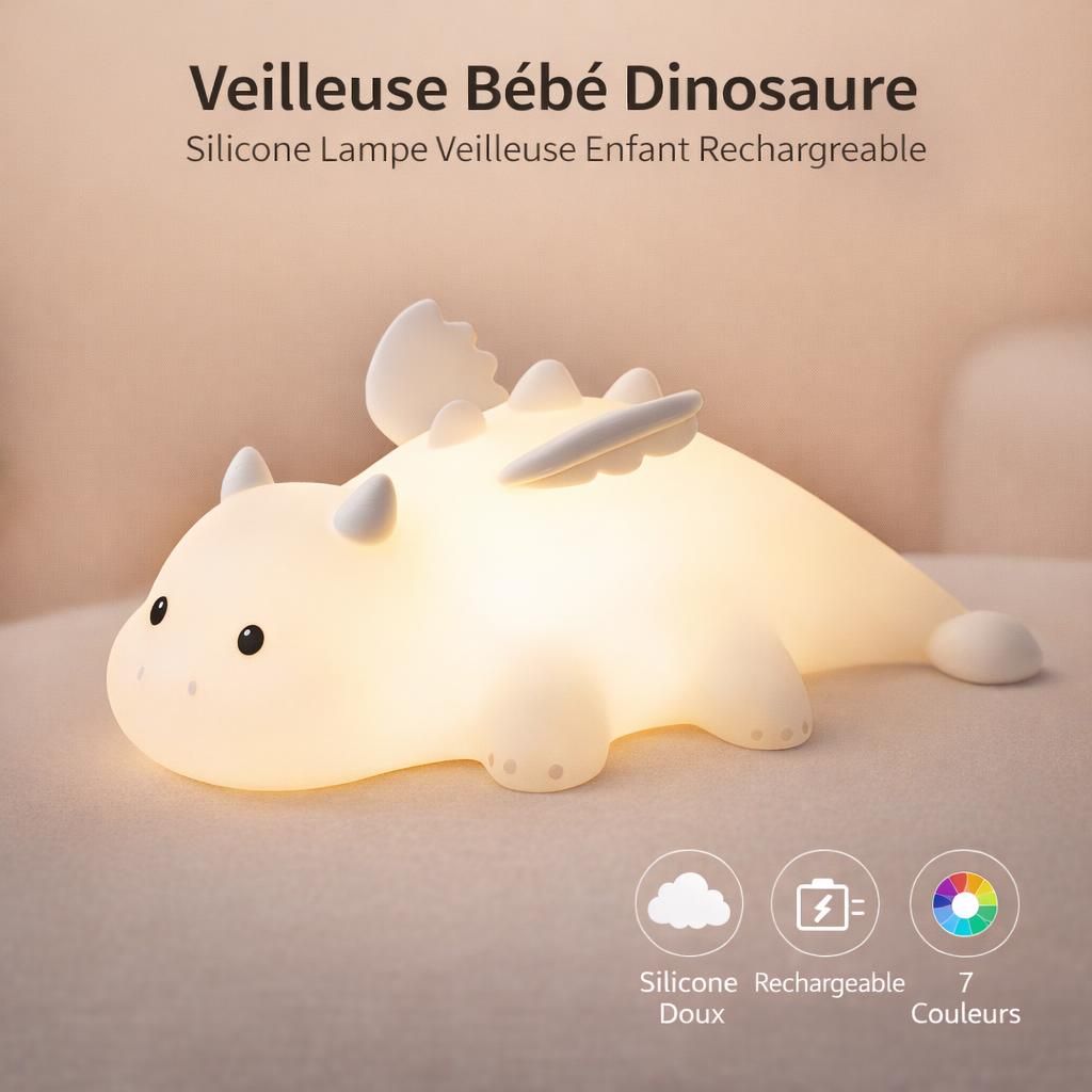 Veilleuse Bébé Dinosaure, Silicone Lampe Veilleuse Enfant Rechargeable, Lumiere d'allaitement Dimmable 7 Couleurs 3 Luminosité, Lampe Enfant Decoration Chambre Bebe, Cadeau Bebe Garcon fille