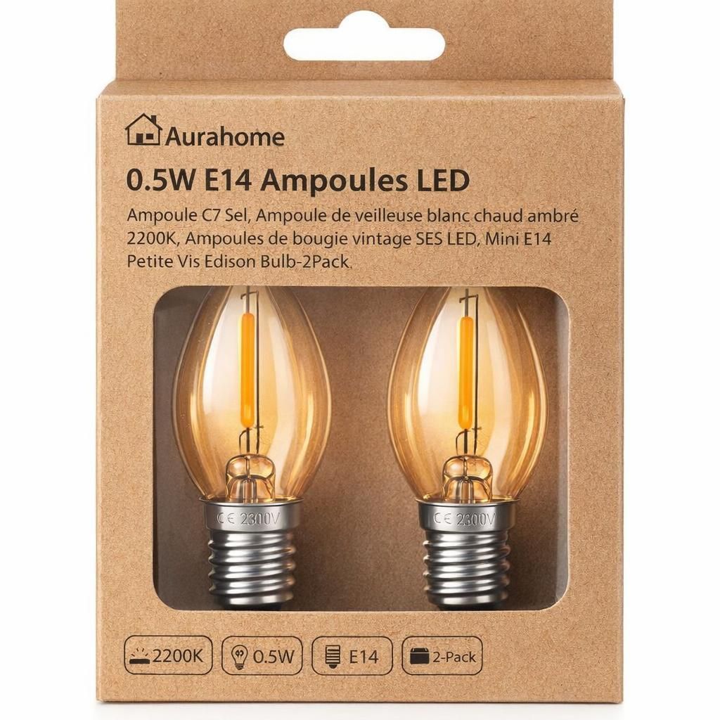 Aurahome 0.5W E14 Ampoules LED, Ampoule C7 Sel, Ampoule de veilleuse blanc chaud ambré 2200K, Ampoules de bougie vintage SES LED, Mini E14 Petite Vis Edison Bulb-2Pack