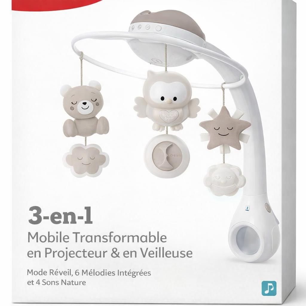 Infantino Mobile Musical 3-en-1, Mobile Transformable en Projecteur et en Veilleuse avec Mode Réveil, 6 Mélodies Intégrées et 4 Sons Nature, Gris
