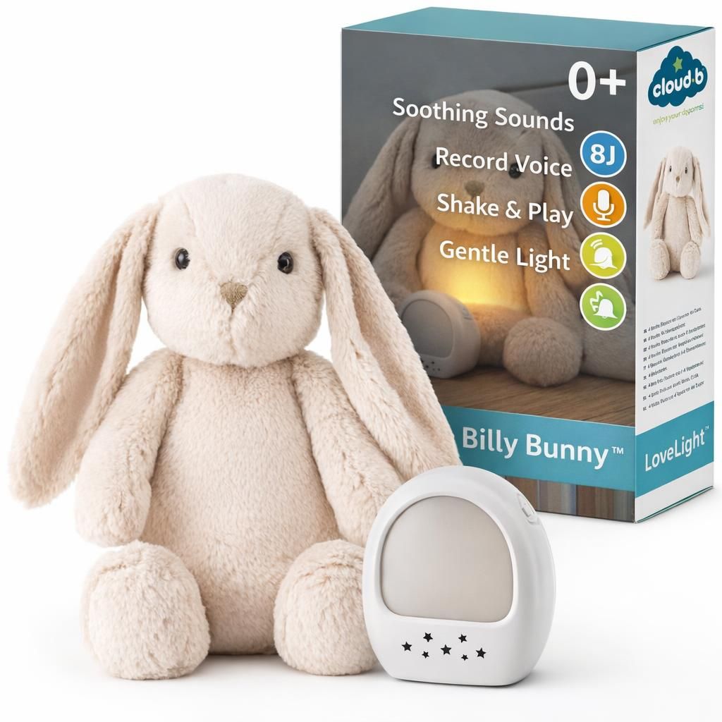 Cloud b peluche musicale avec veilleuse, bruit blanc, enregistrement vocal & recharge USB-C | 8 sons apaisants, minuterie arrêt auto & volume réglable pour bébé | Billy le Lapin