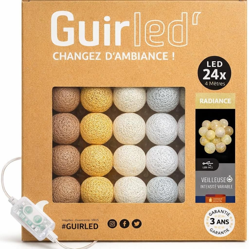 GuirLED - Guirlande lumineuse boules coton LED USB - Veilleuse bébé 2h - Adaptateur secteur double USB 2A inclus - 3 intensités - 24 boules 2.4m - Radiance