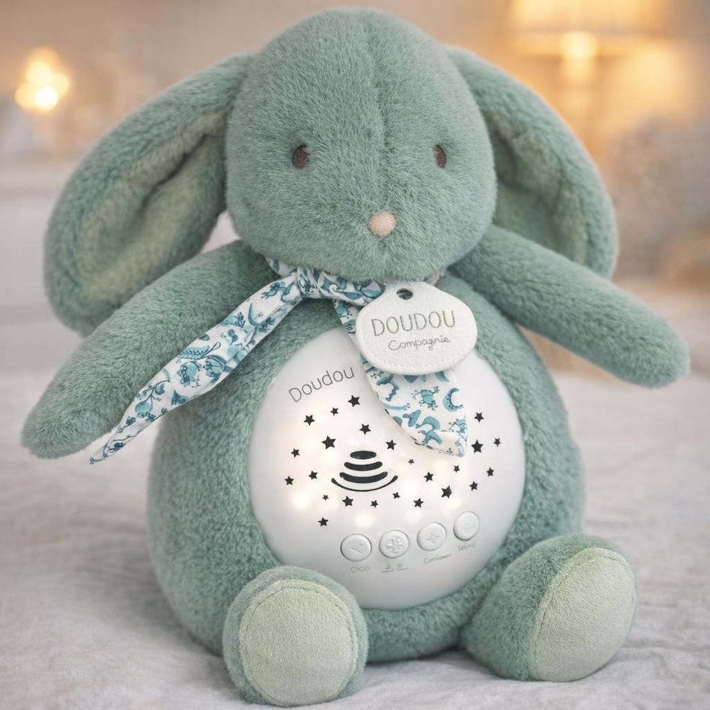 DOUDOU ET COMPAGNIE - Veilleuse Musicale Lapin vert sauge avec Projection d’Étoiles – Doudou Peluche avec Mélodies et Lumières Apaisantes – Compagnon Nuit Bébé – Idée Cadeau Naissance - DC4203