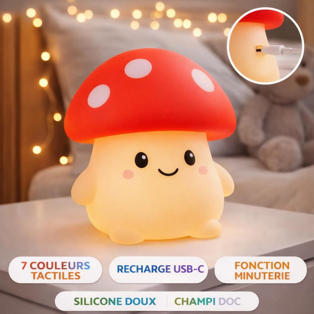 Veilleuse Bébé Avec 7 Couleurs Tactiles, Recharge USB-C, Fonction Minuterie, Silicone Doux, Lampe De Chevet Pour Chambre D’Enfant Cadeau Réconfort Nuit, Champi
