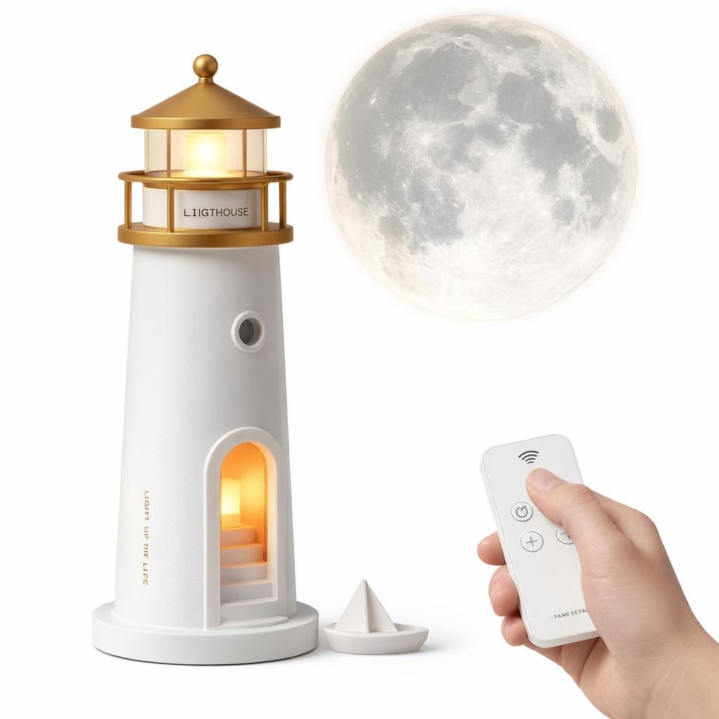 Lampe Décoration de Phare, Phare avec Lumière LED Lampe de Phare à Projection de Lune Balise avec Télécommande, phare projecteur de Lune Phare, Veilleuse Enfant Lune Phare Cadeau pour Enfants