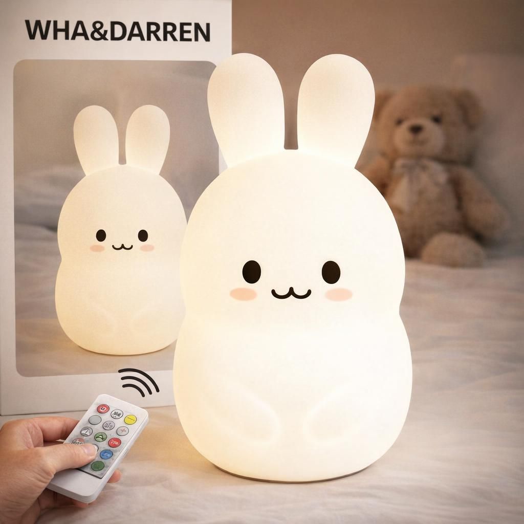 WHA&DARREN Grande veilleuse lapin pour enfants, veilleuse mignonne pour bébé, lampe de chevet en silicone, lumières LED pour dormir, soin des yeux, luminosité et couleur réglables, réglage de l'heure