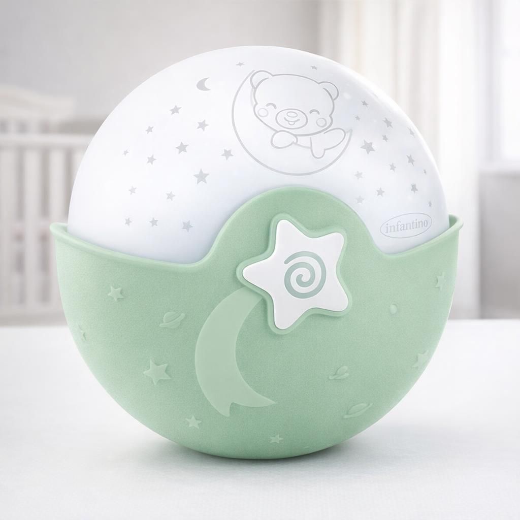 Infantino Lumière Apaisante et Projecteur – Veilleuse à Clipser avec Design Grow-With-Me, Projecteur de Nuit Étoilée et Lampe de Table avec Mélodies et Capteurs Sonores Intégrés, Sauge