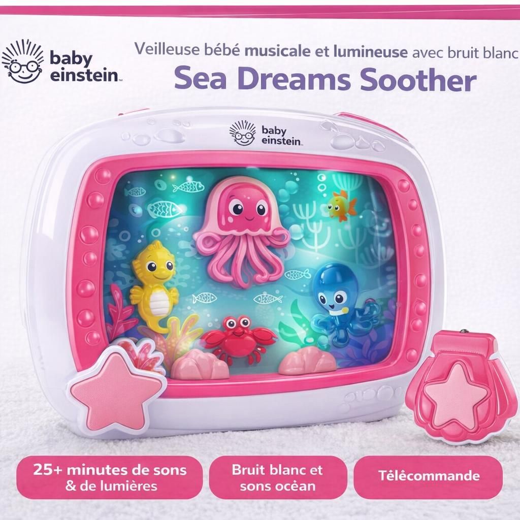Baby Einstein Sea Dreams Soother, Veilleuse Bébé Musicale et Lumineuse avec Bruit Blanc – Aquarium Veilleuse Enfant Apaisante, 25+ Minutes Lumières Douces, Sons Océan, Télécommande, 0+ Mois, Rose