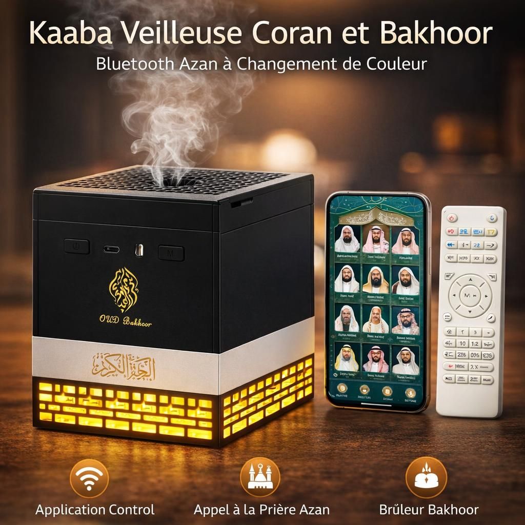 Kaaba Veilleuse Coran et Bakhoor, télécommande et Haut-Parleur contrôlé par Application, Haut-Parleur Bluetooth Azan à Changement de Couleur à intensité Variable
