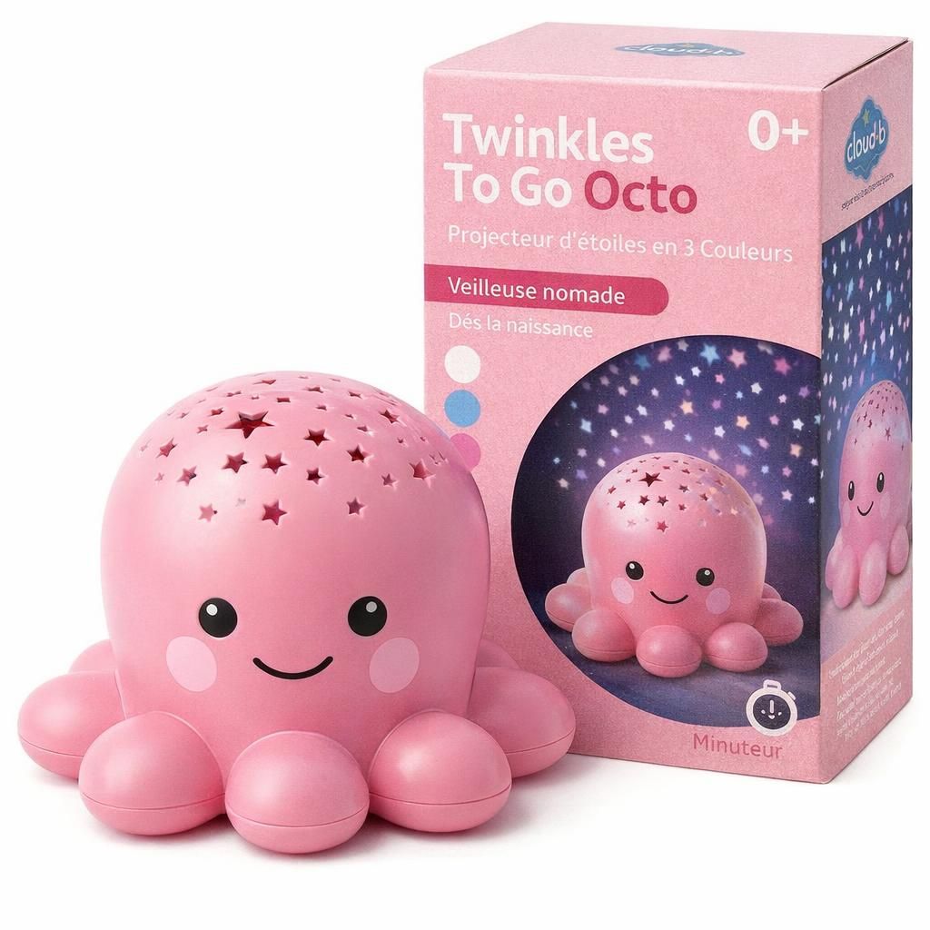 Cloud b Veilleuse nomade Twinkles To Go Octo - Rose | Projecteur d’étoiles en 3 Couleurs | Dès la naissance | Minuteur