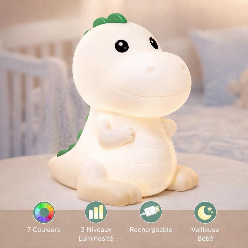 Veilleuse Bébé Dinosaure Rechargeable, 7 Couleurs et 3 Niveaux de Luminosité, Lampe de Chevet Enfant, Lumière Nocturne pour Chambre Bébé et Maternité