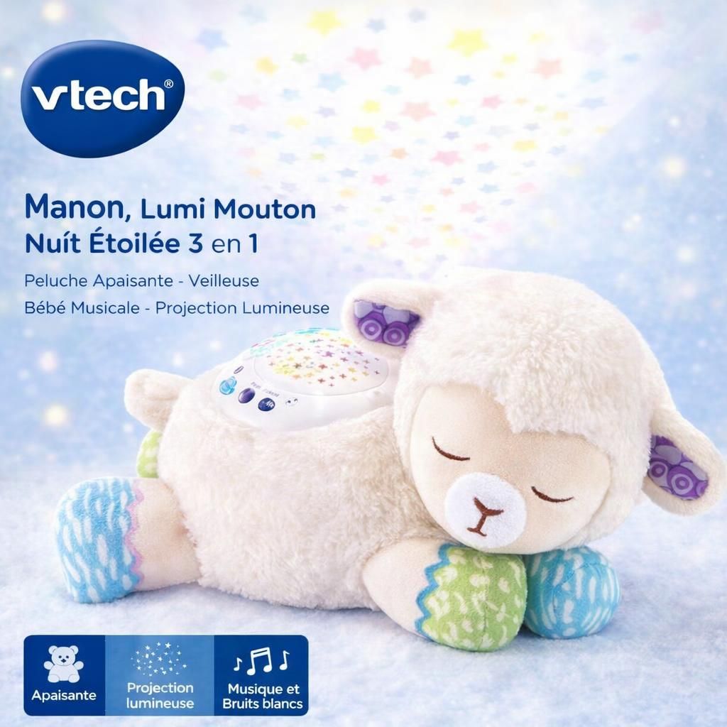 VTech - Manon, Lumi Mouton Nuit Étoilée 3 en 1, Peluche Apaisante, Veilleuse Bébé Musicale, Projection Lumineuse au Plafond, Musique Douce, Bruits Blancs, Cadeau de Naissance - Contenu en Français