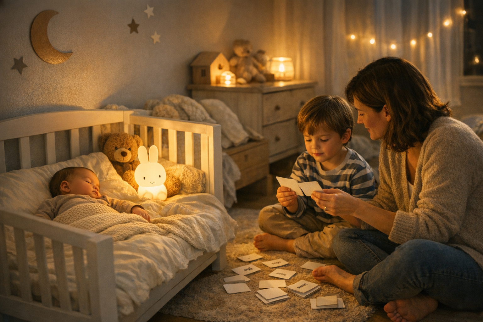 Rituel du soir : bébé s'endort, l'aîné apprend