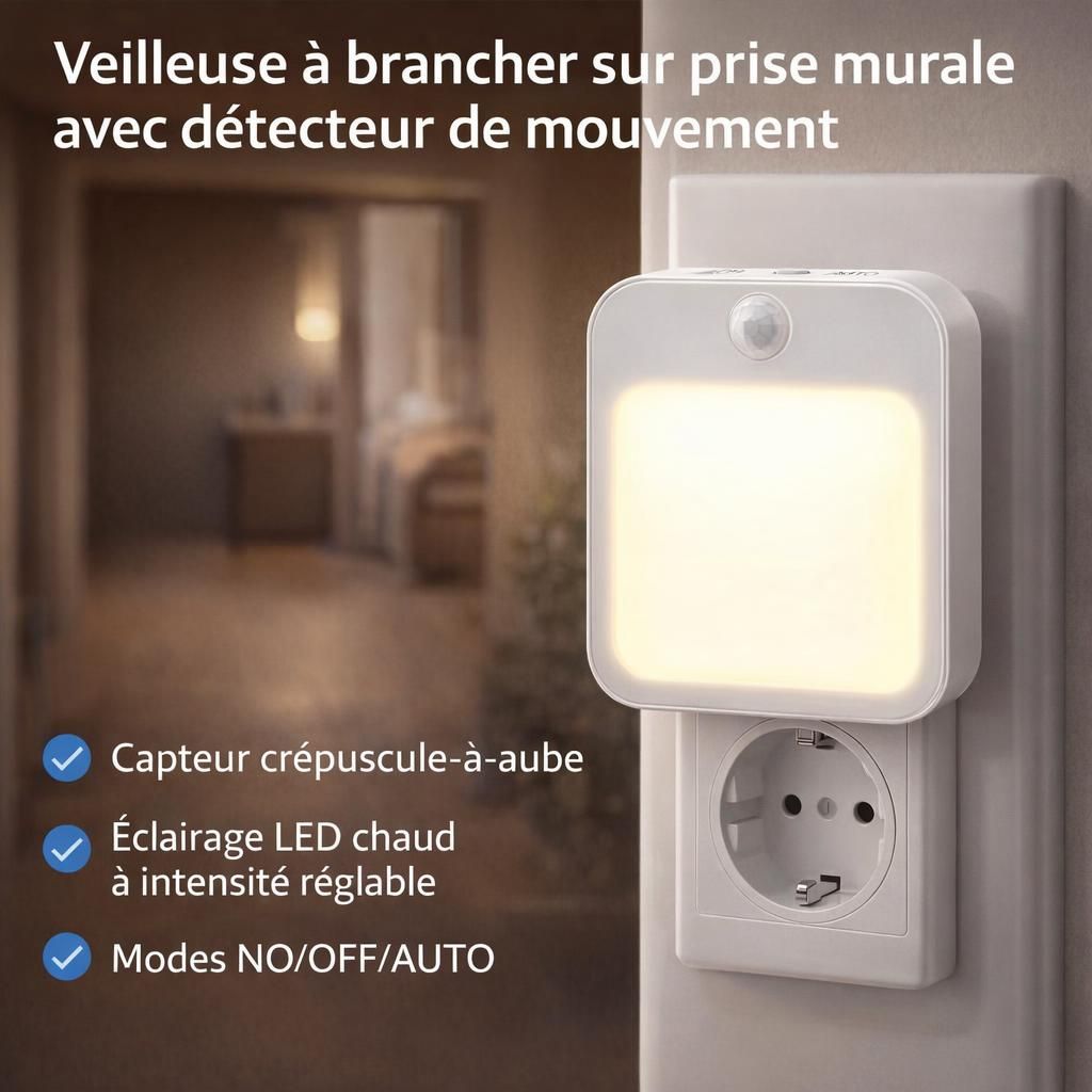 Veilleuse à brancher sur prise murale avec détecteur de mouvement,capteur crépuscule‑à‑aube,éclairage chaud avec LED à intensité réglable en continu,modes NO/OFF/AUTO,veilleuse pour enfants(lot de 2)