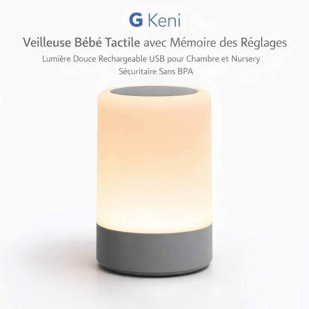 G Keni Veilleuse Bébé Tactile avec Mémoire des Réglages - Lumière Douce Rechargeable USB pour Chambre et Nursery, Sécuritaire Sans BPA - Décoration Nocturne Personnalisée pour Bébé