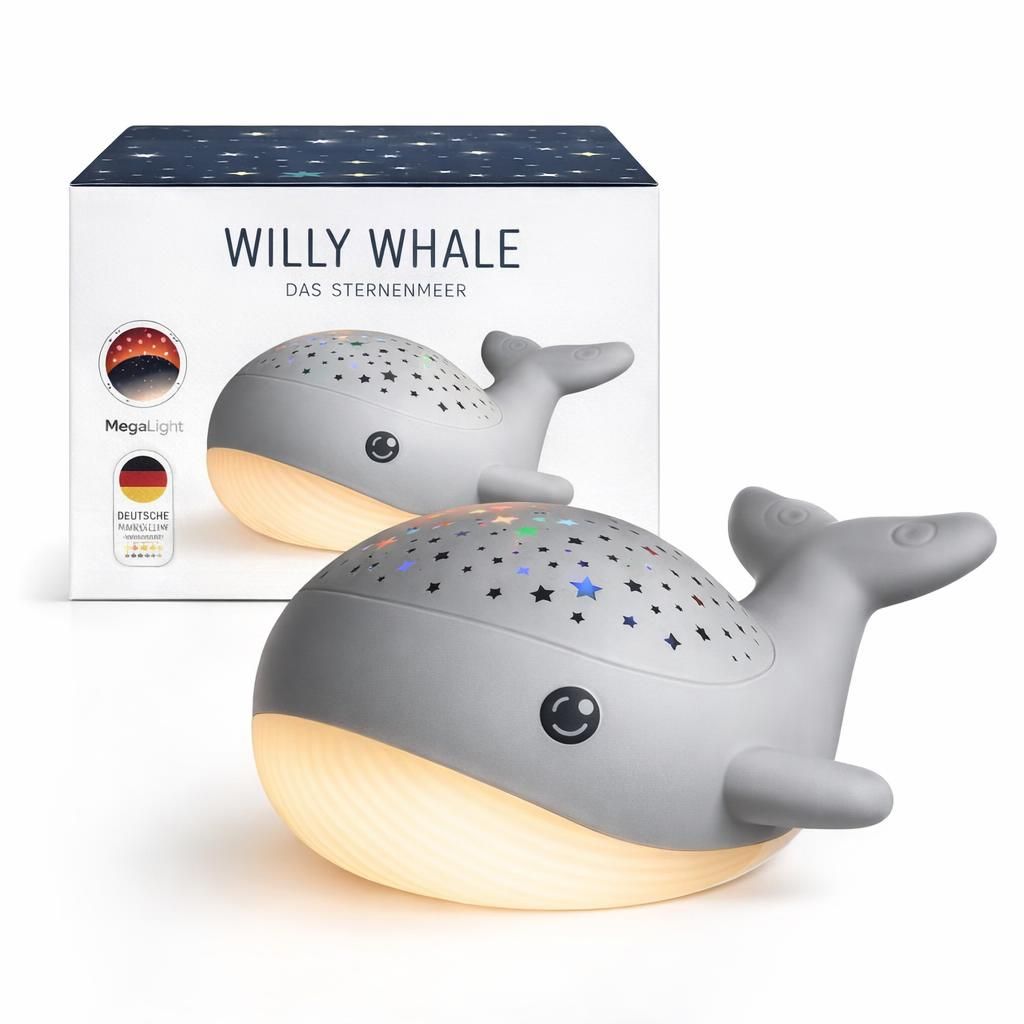 MegaLight Veilleuse ciel étoilé pour bébé | Projecteur 2 en 1 + veilleuse pour enfant | Veilleuse blanche chaude & projecteur d'étoiles RVB en 3 couleurs | Willy WHALE