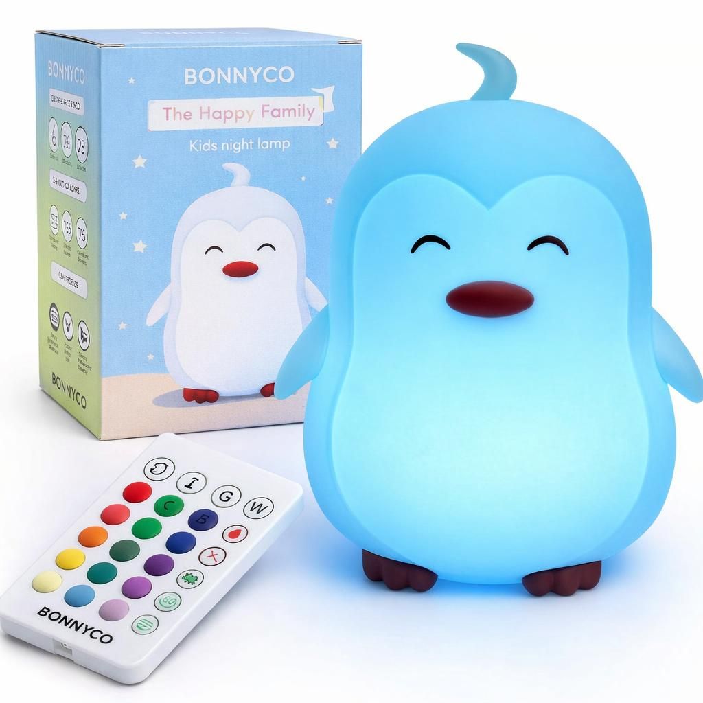 BONNYCO Veilleuse Enfant avec Télécommande, Contrôle Tactile 16 Couleurs. Pingouin Veilleuse Bébé avec Minuterie, Lampe Enfant Led Sans BPA. Lampe de Chevet Garcon Rechargeable, Cadeau Bebe Garçon